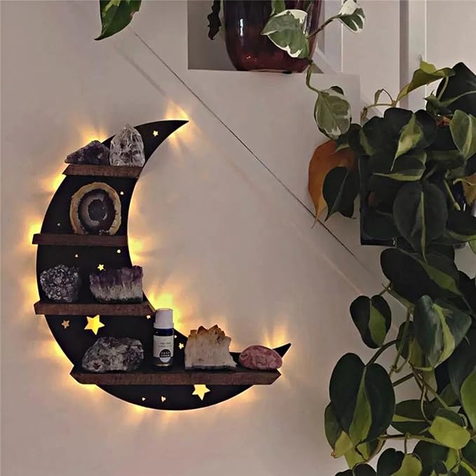 Crystal Display Shelf Wall Moon Shelves Moth Hamsa Hand Holder Floating Wall Mounted Decorative Crystal Shelf (Moon-38.5 * 36.5cm/15 * 14.4inch)