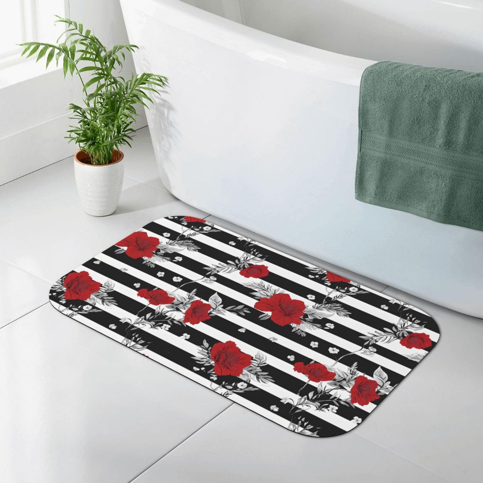 Tapis de bain en diatomée douce à rayures et fleurs roses