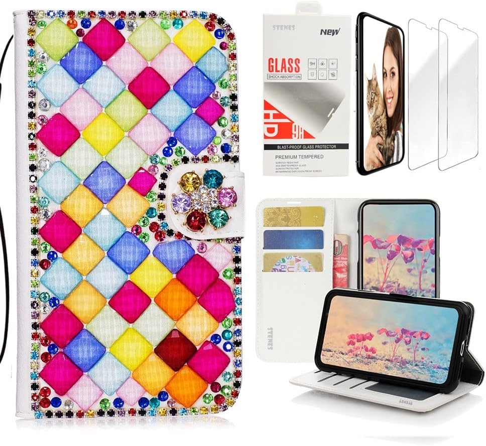 STENES Bling Wallet Case Compatible with LG Stylo 4, 3D Handmade Lattice Bowknot Design Leather Case with Wrist Strap & Screen Protector [2 Pack] - Light Multicolor
