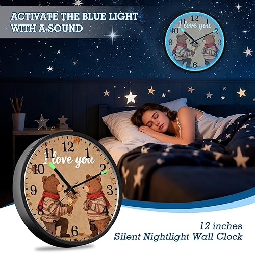 Miniatura 7 de Luminous Voice-Activated Wall Clocks Non-Ticking Silent Battery Operated Small Analog Clock I Love You Retro Bear Propose Brown 12 Inch Decorative
