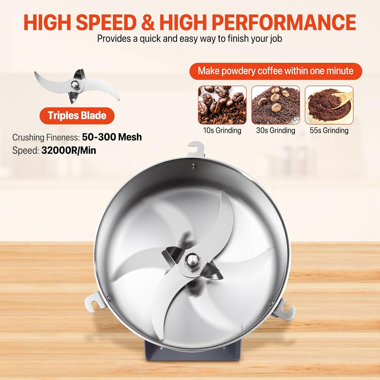 2500g Electric Grain Mill Grinder, 4500W High Power Commercial & Home Flour Mill, 110V Stainless Steel Wheat Grinder, 50-300 Mesh Dry Spice Mill with Accessories