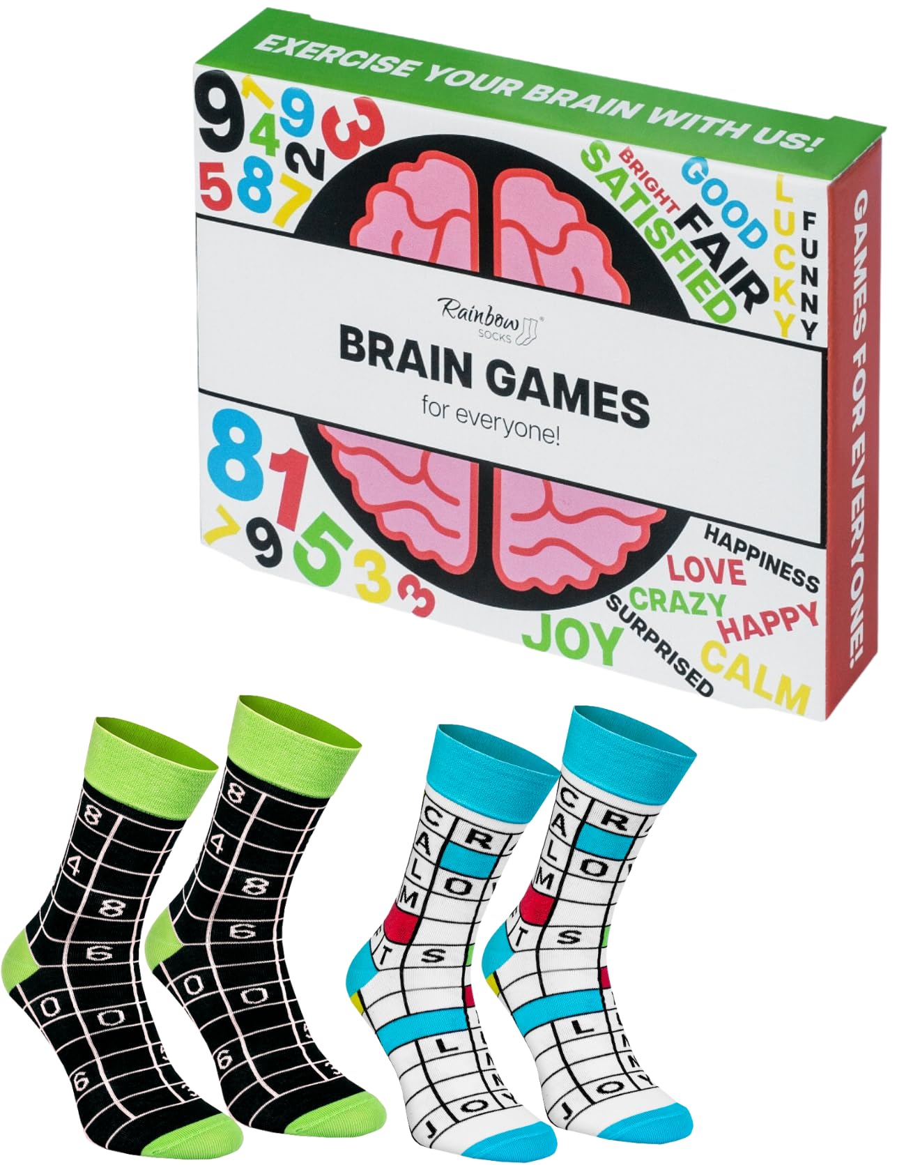 Rainbow SocksBrain Games Socks - Women's Men's Brain Games Socks - Perfect Socks for Lovers of Crossword and Sudoku - Box of Socks and Thinking Games - 2 Pairs