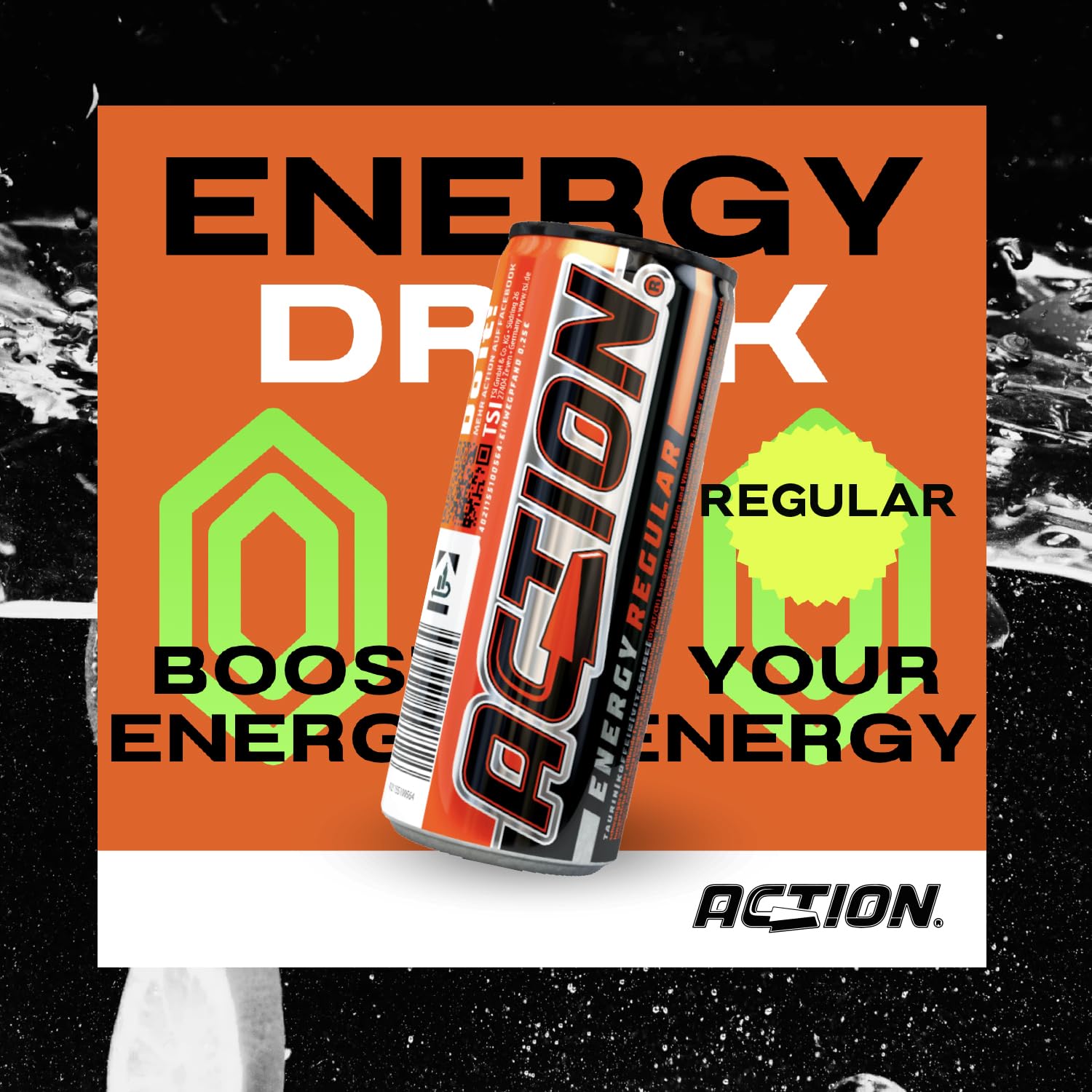 Action Energy Drink Regular (48 x 250 ml) incluye depósito – Refresco con sabor a tutti-Frutti – patata energética con mayor contenido de cafeína 31,5 mg/100 ml de cafeína