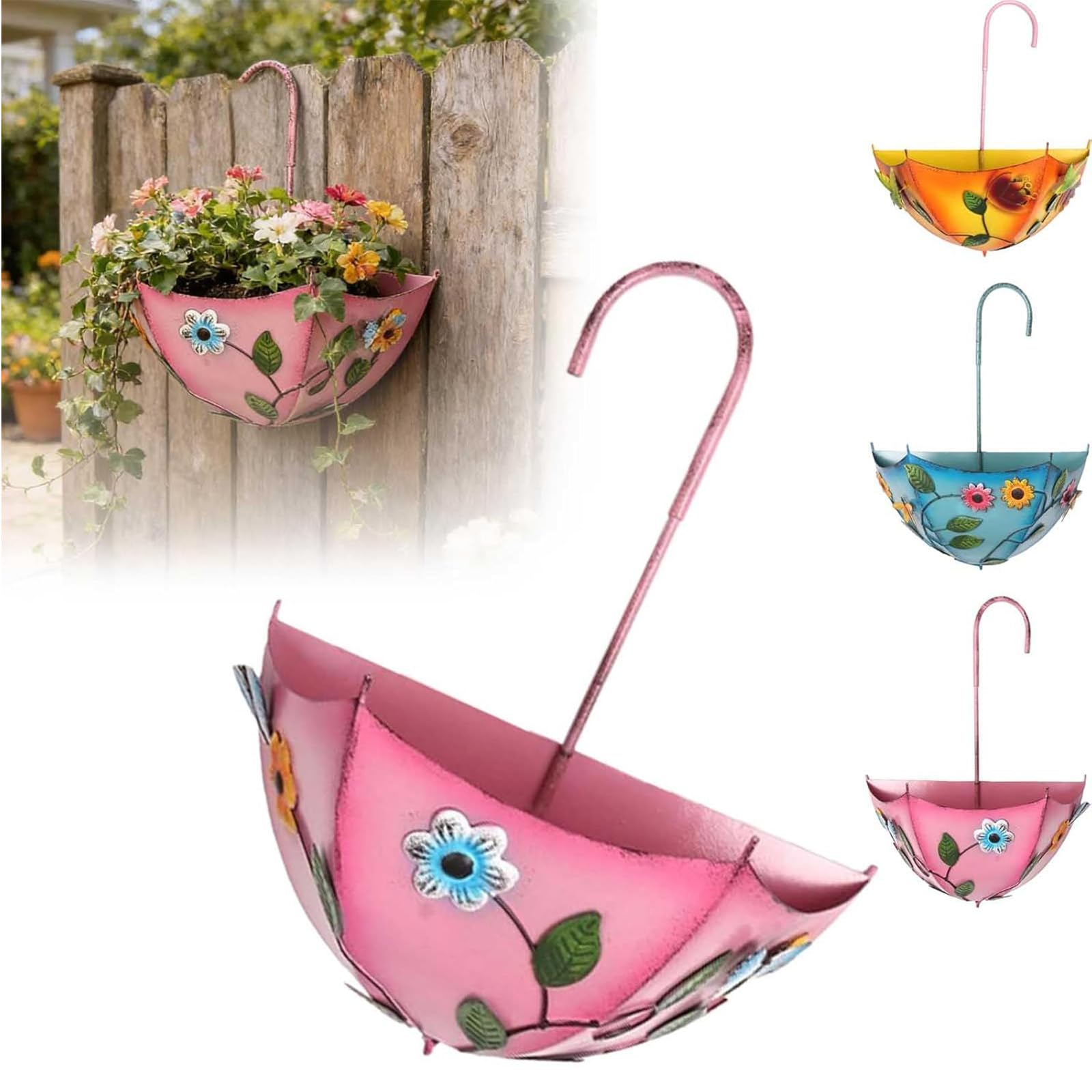 Umbrellas Plant for Outdoor Plants, Farmhouse Umbrella Shaped Wall Hanging Planter, Outdoor Umbrella Flower Pot with Drainage Holes, Iron Art No-Drill for Yard Patio Garden Decor
