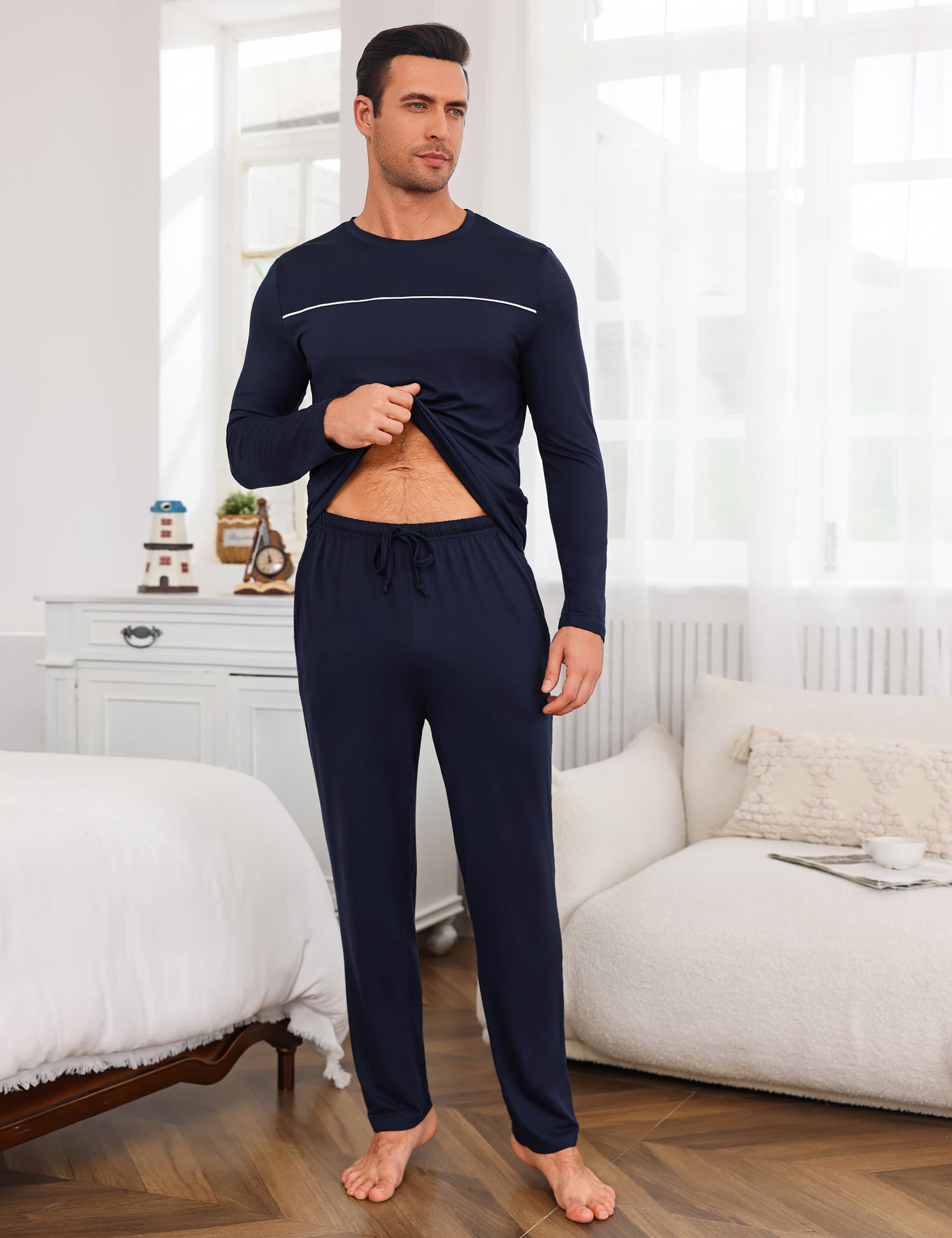 Marvmys Herren Schlafanzug Lang Winter Baumwolle Pyjama Set Rundhals Taschen Verstellbarer Bund Bequeme Nachtwäsche