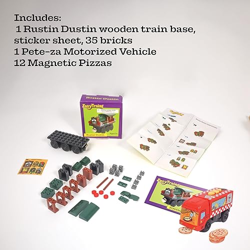 Miniatura 2 de Tren motorizado y tren construido con ladrillos para pista de madera, locomotora con pilas con temática de pizza, compatible con marcas de bloques,