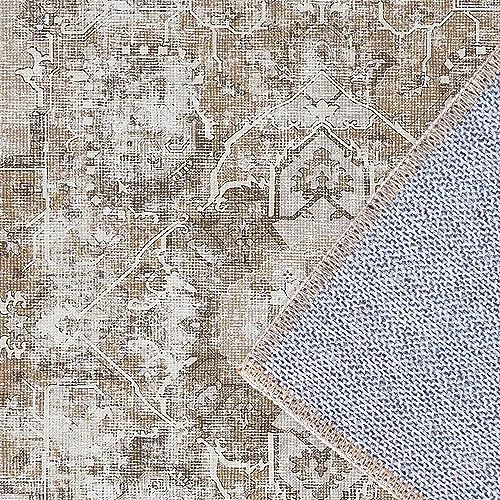 TOPICK Fußmatte Waschbar 60x90cm Braun Kurzflor Türmatte Vintage Innenbereich Faltbar Dünner Teppich Retro Distressed Multi Blumendruck Land Boho rutschfest Küche Schlafzimmer