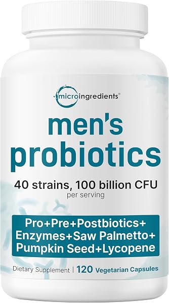 Micro Ingredients Probiotics for Men 100 Billion CFU, 40 Strains, 120 Vegetarian Capsules | Pre, Probiotics, Postbiotics & Enzymes | Pre, Probiotics, Enzymes, Saw Palmetto, Pumpkin Seed & Lycopene