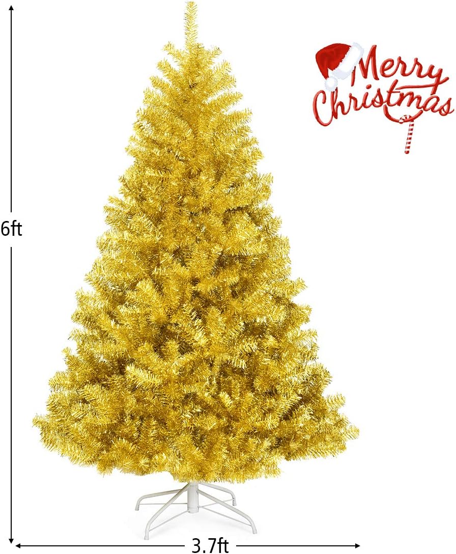 DORTALA Gold Christmas Tree 6 FT, Artificial Unlit Xmas Tree with 1036 Branch Tips, PVC Needles, Folding Metal Stand, Indoor Holiday Decor Tree for Home Office