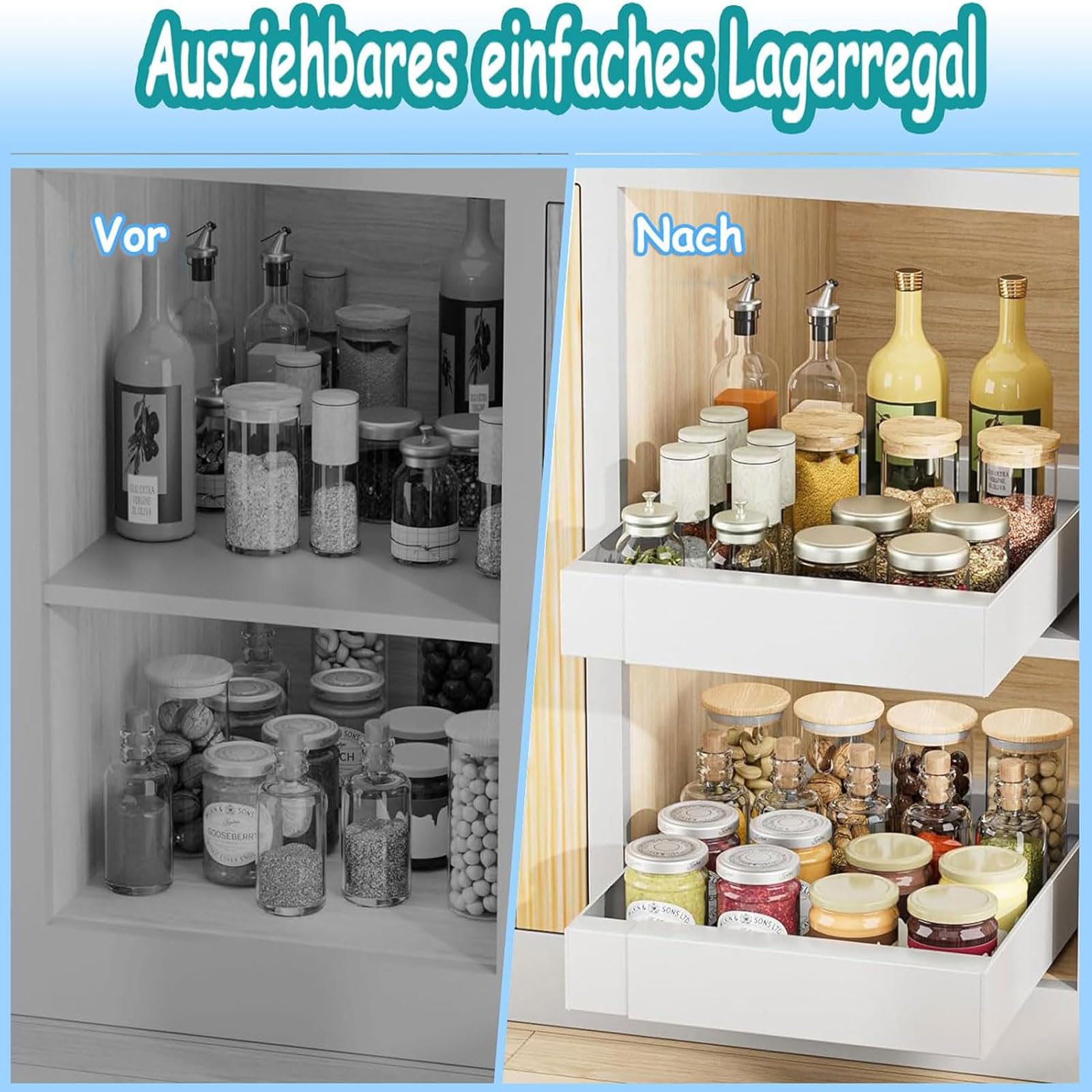2-Stück Teleskopschublade Ausziehbar Schublade: 42cm Küchenschrank Schubladenauszug Slide Out Schrank mit Kleber Organizer Ordnung ohne Bohren für Hausfrauen Küchenhilfe Breite 32-52cm