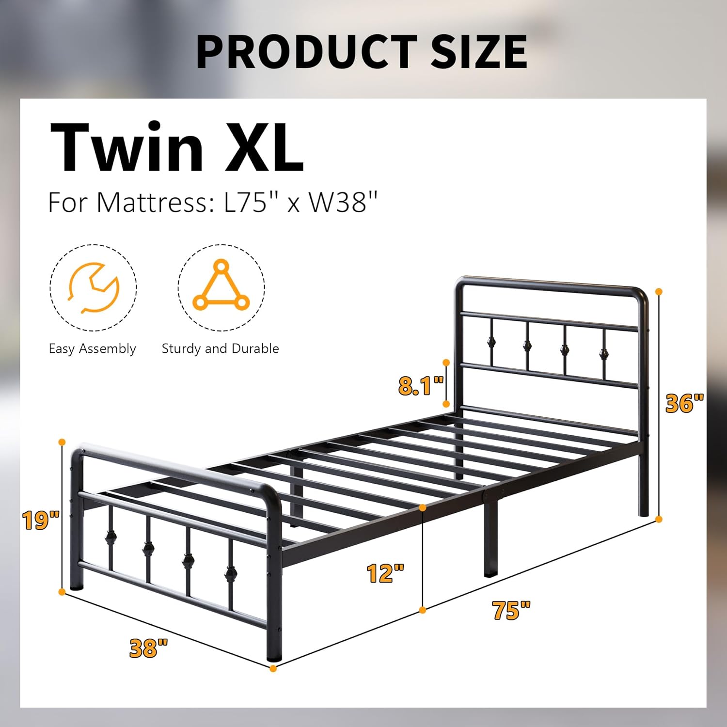 12 Inch Twin XL Bed Frames with Victorian Vintage Headboard and Footboard, No Box Spring Needed, Heavy Duty Metal Mattress Foundation, Noise Free, Easy Assembly, Black - Image 2