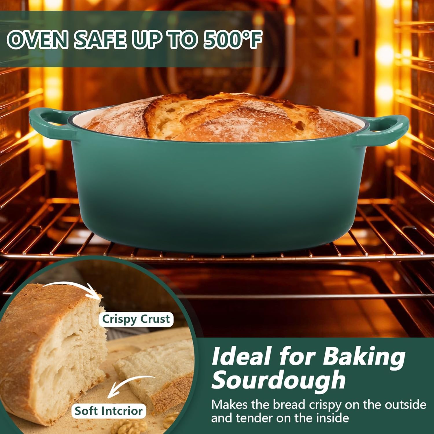P&P CHEF Oval Dutch Oven with Lid, Enameled Cast Dutch Oven Pot for Bread Baking, Braising, Stewing, Roasting, Non-Stick & Oven Safe, Dual Handles & Easy Clean, 7QT & Dark Green, Valentine's Day
