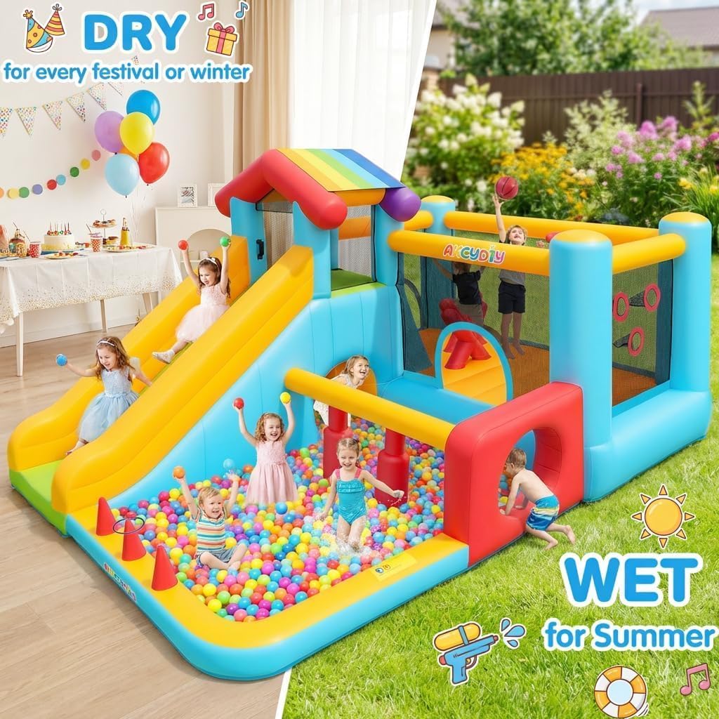 AKEYDIY 16-in-1 Water Slide Bounce House Obstacle Course & Tunnel for Big Kids 8-12 & Water Bounce House for Kids 3-6,with Long Slide, Climbing Wall,Jump Area,Target & Ring Toss,for Indoor Backyard