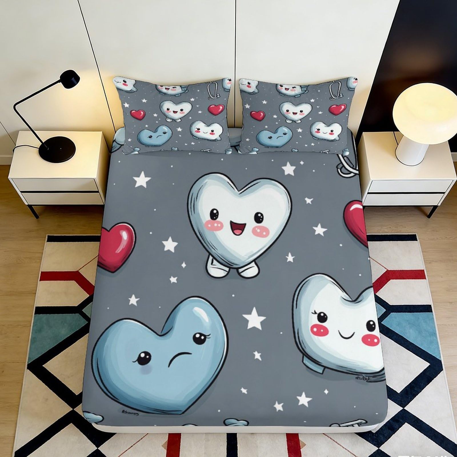 3D Printed Cartoon Heart Stars Fitted Sheet Microfiber Anti-Slip Cute Face Mattress Cover Bedroom Dorm Room Décor Easy Care 180x200x25cm