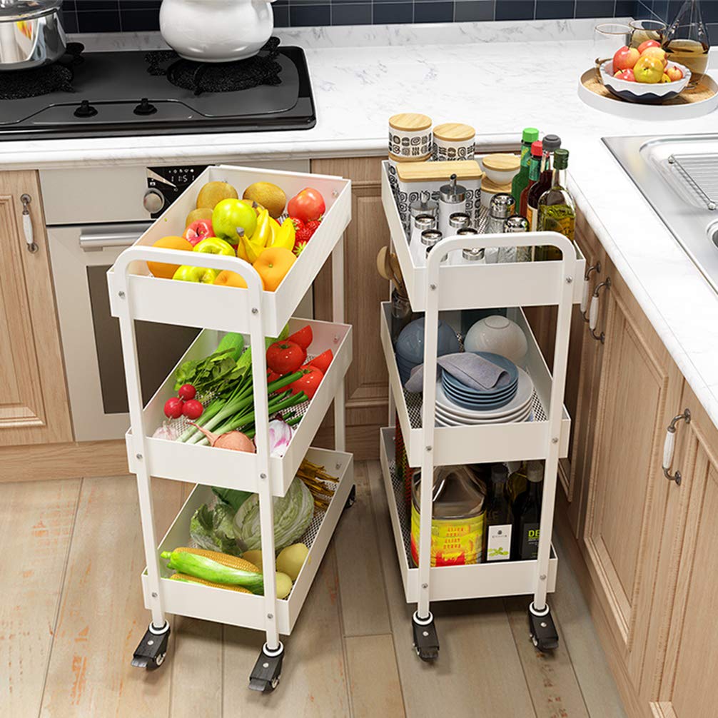 ZYFA Carrello Cucina a 3 Piani Servizio,con Rotelle Bloccabili, Scaffale Portaoggetti Mobile in Acciaio,Carrello Portaoggetti Multiuso, Carrello Salvaspazio, Scaffale Rete Metallica Contenitori