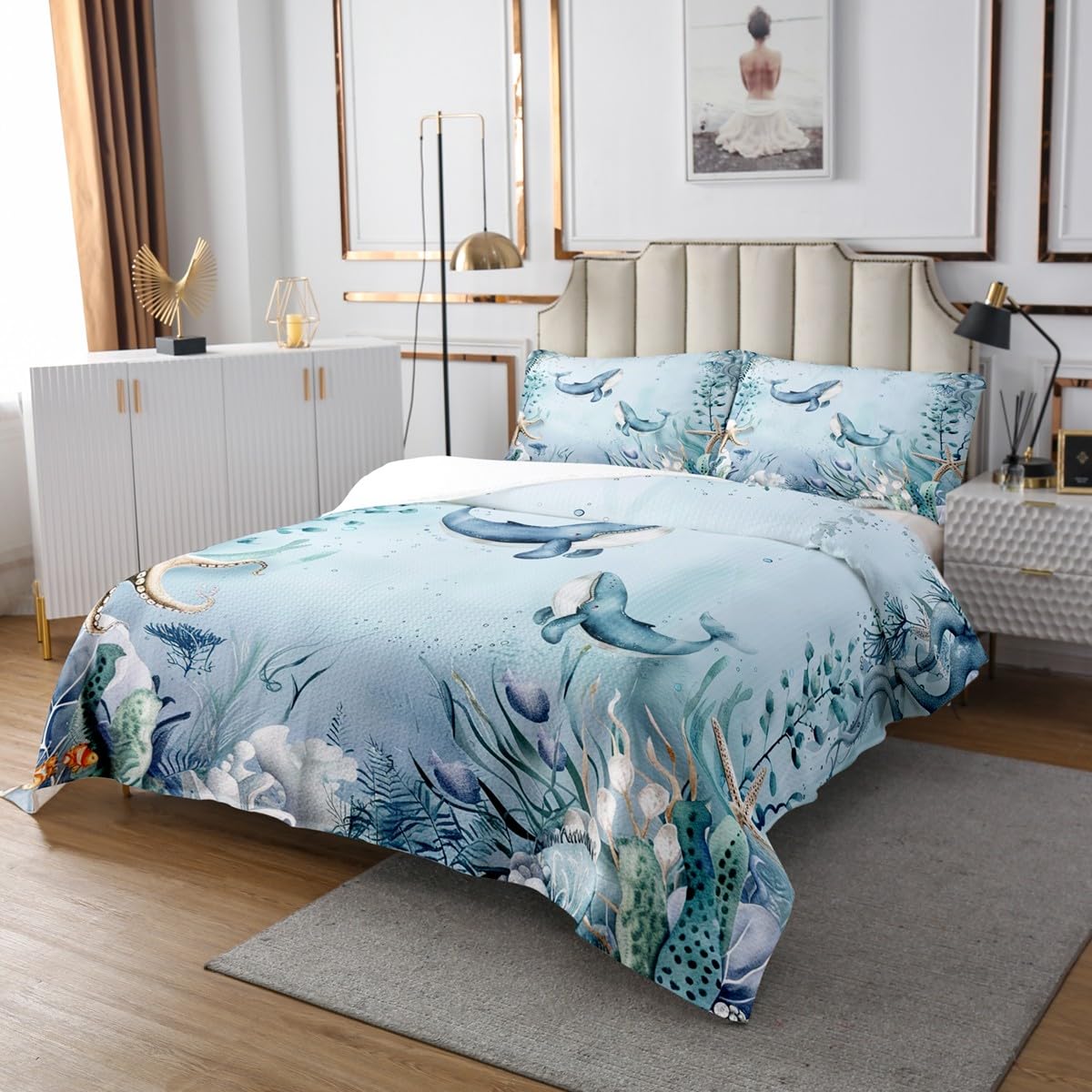 Couvre-lit 260x240 Cm Thème Marin Avec 2 Taies – Imprimé étoiles De Mer, Corail, Bleu Océan