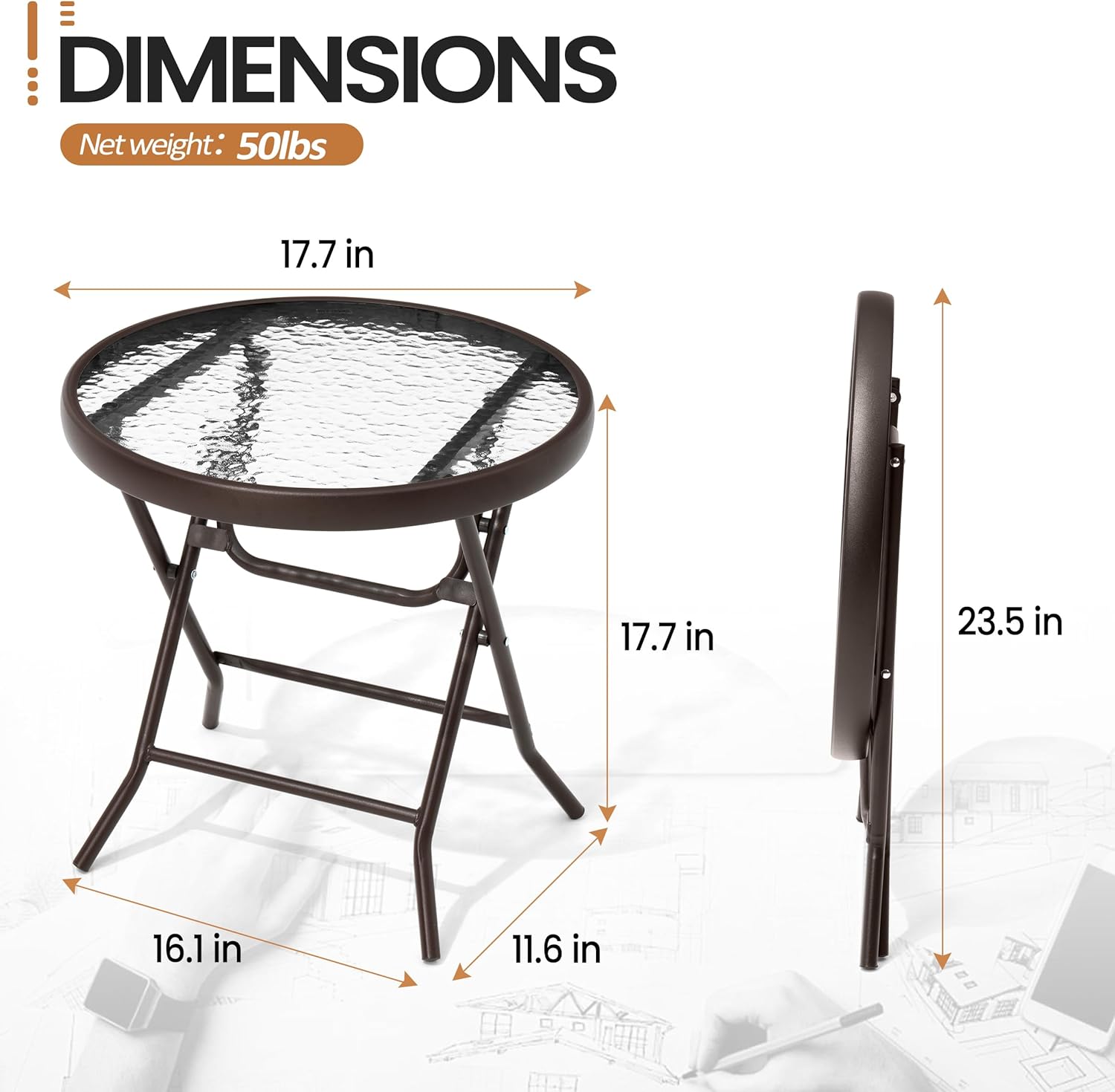 Foldable Patio Side Table Set of 2 with Tempered Glass Top 18" Folding Outdoor Side Tables Set of 2 Small Glass Patio End Tables for Porch Yard Balcony Deck Lawn Dining Garden (Brown)