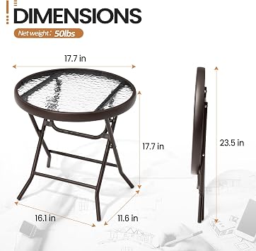 Foldable Side Table with Tempered Glass Top, Brown