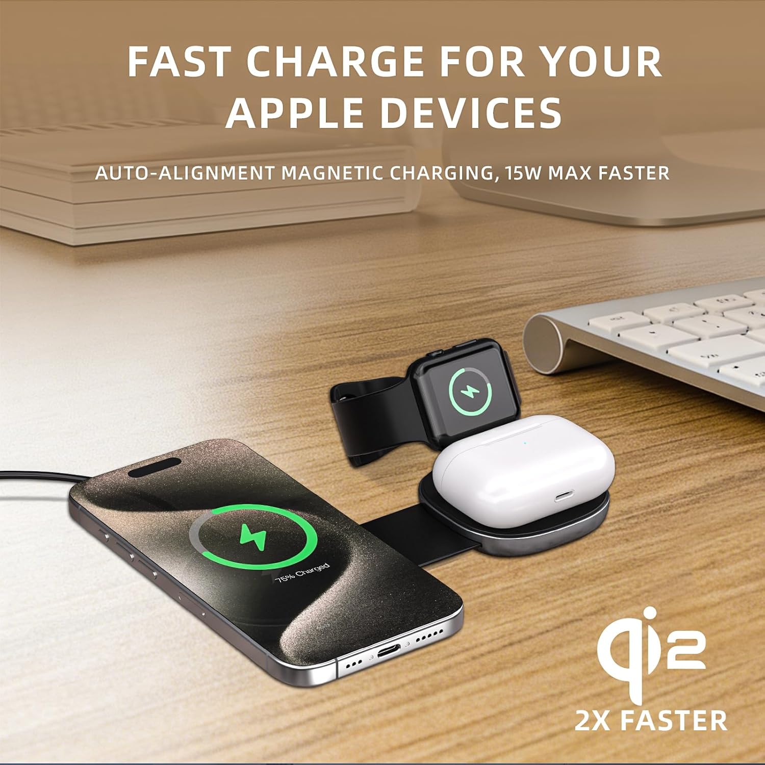 3 in 1 Fast Charging Station for Apple Devices/Wireless Charging Station Compatible with Magsafe Charger Stand/Foldable Magnetic Travel Wireless Charger (Black)