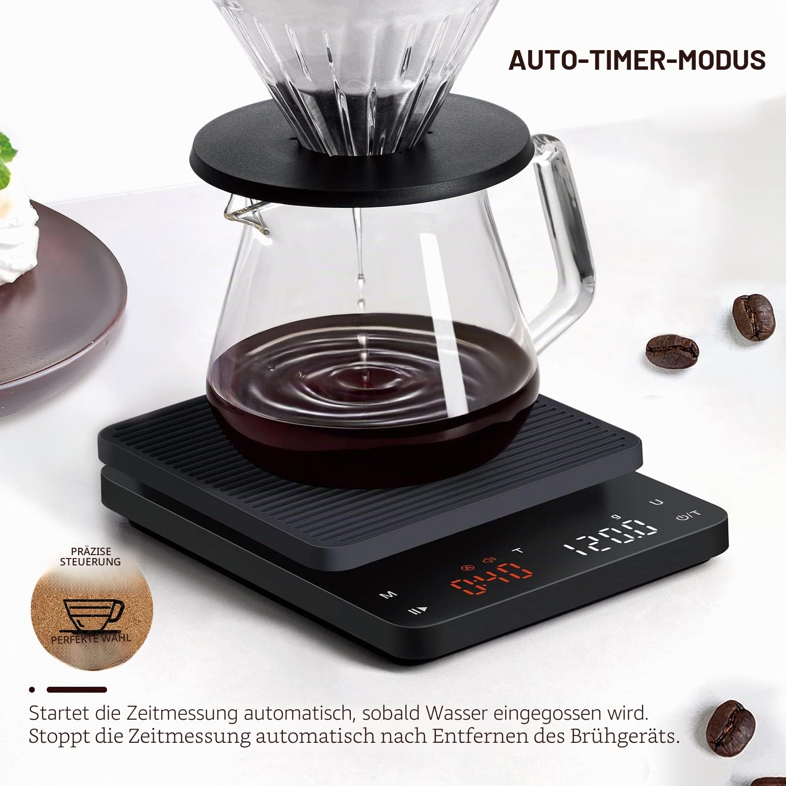 Bagail Digitale Kaffeewaage mit Timer 0,1 g Hochpräzise Elektronische Küchenwaage mit Großem Display und Automatischer Tarierung, Wiederaufladbare Waage für Filterkaffee, Max. Gewicht 3 Kg