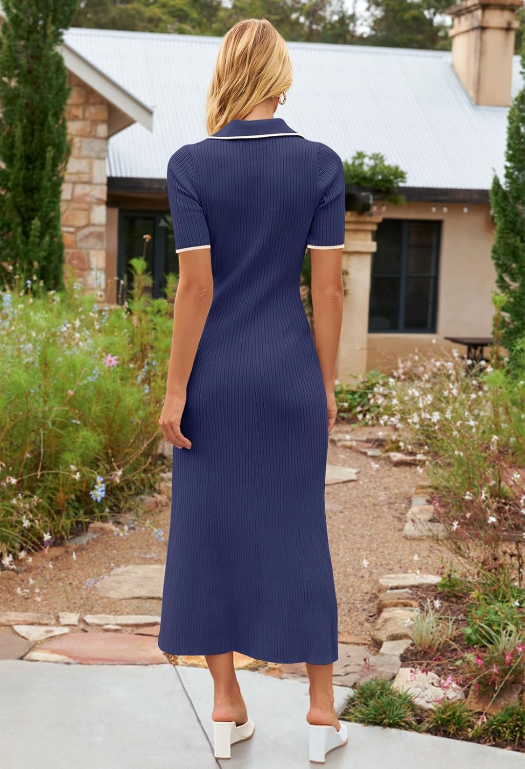 MEROKEETY Women's 2026 Spring Ribbed Maxi Dress Summer V Neck Button Short Sleeve Slim Fit Bodycon Knit Sweater Dresses - Image 4