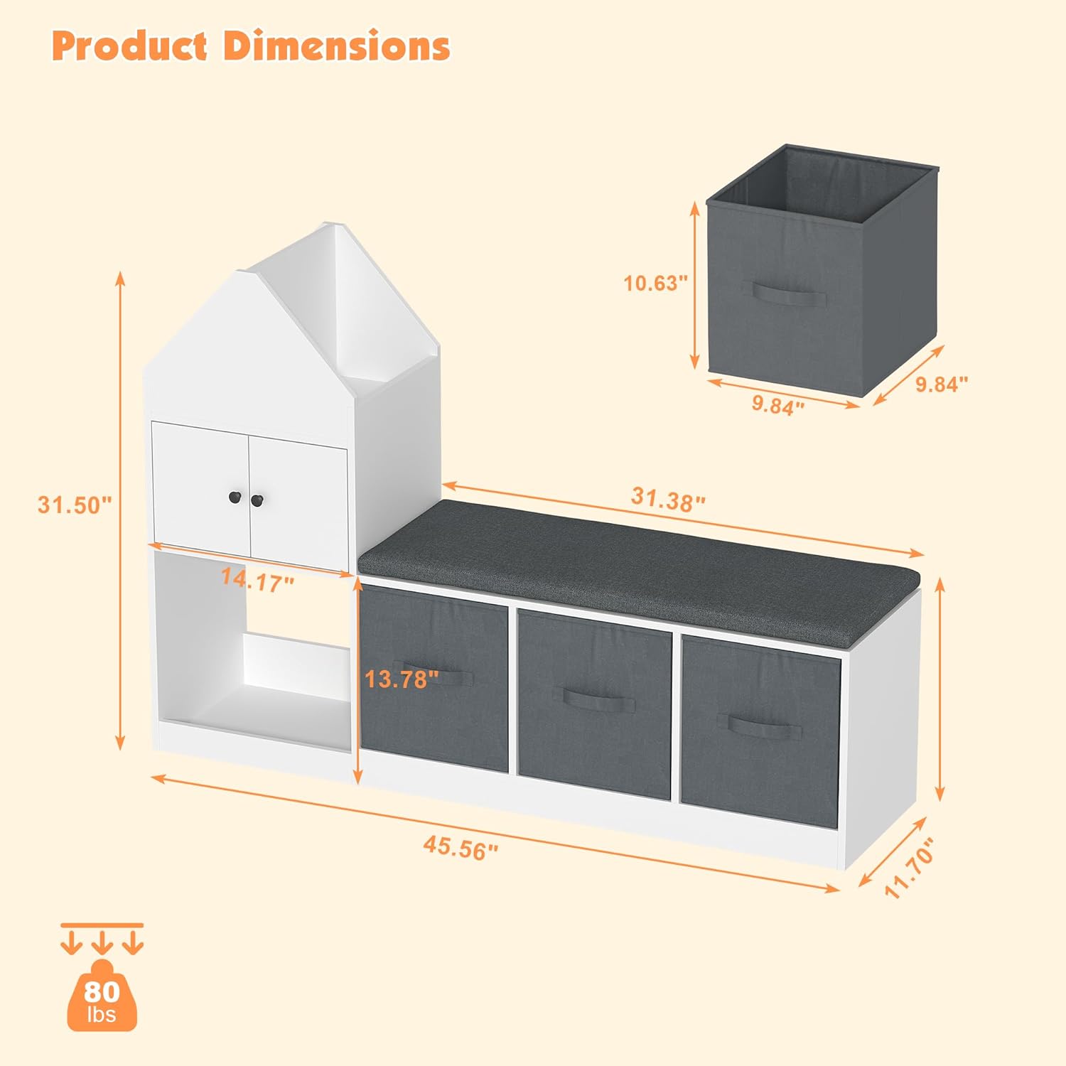 Reading Nook for Kids, Children Bookshelf with Soft Cushion, Toddler Toy Storage Organizer with 6 Storage Cubbies for Kids Room, Reading room, Playroom,Bedroom,Nursery (White with 3 Storage Bins) - Image 2