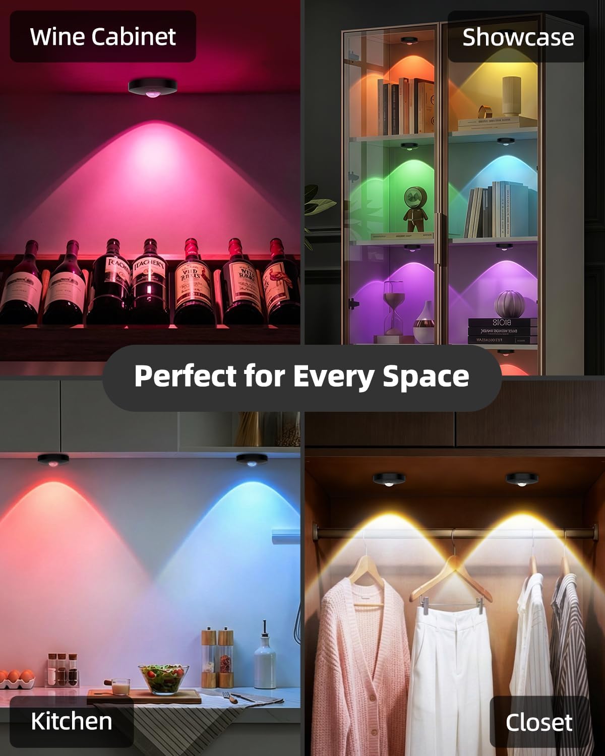 Rechargeable RGB Puck Lights with Remote Control, 1500mAh Battery Operated Push Lights, Dimmable & Timer Under Cabinet Lighting for Closet, Bedroom, Kitchen Black 12Pcs