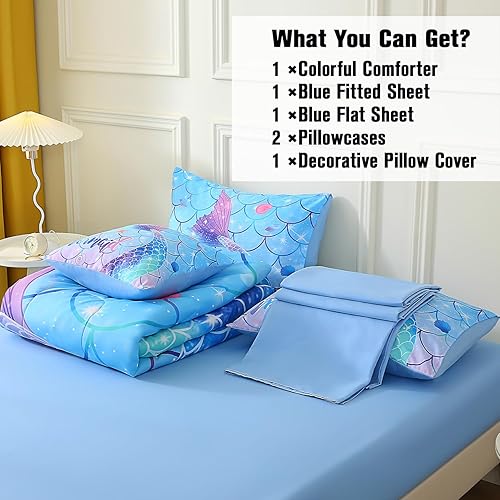 Miniatura 6 de JQinHome Juego de edredón de sirena tamaño matrimonial, 6 piezas con cola de sirena en una bolsa, juego de ropa de cama de sirena colorida 3D para