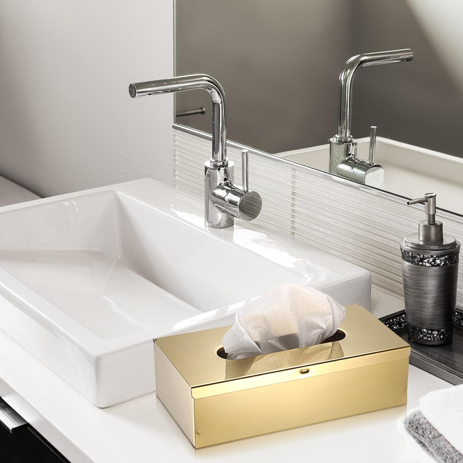 Sumnacon Tissue Box Cover Rectangle Stainless Steel Tissue Box Stylish Tissue Box Holder, Modern Tissue Cover for Bathroom Toilet Bedroom Living Room Kitchen Table Desk Office, Gold