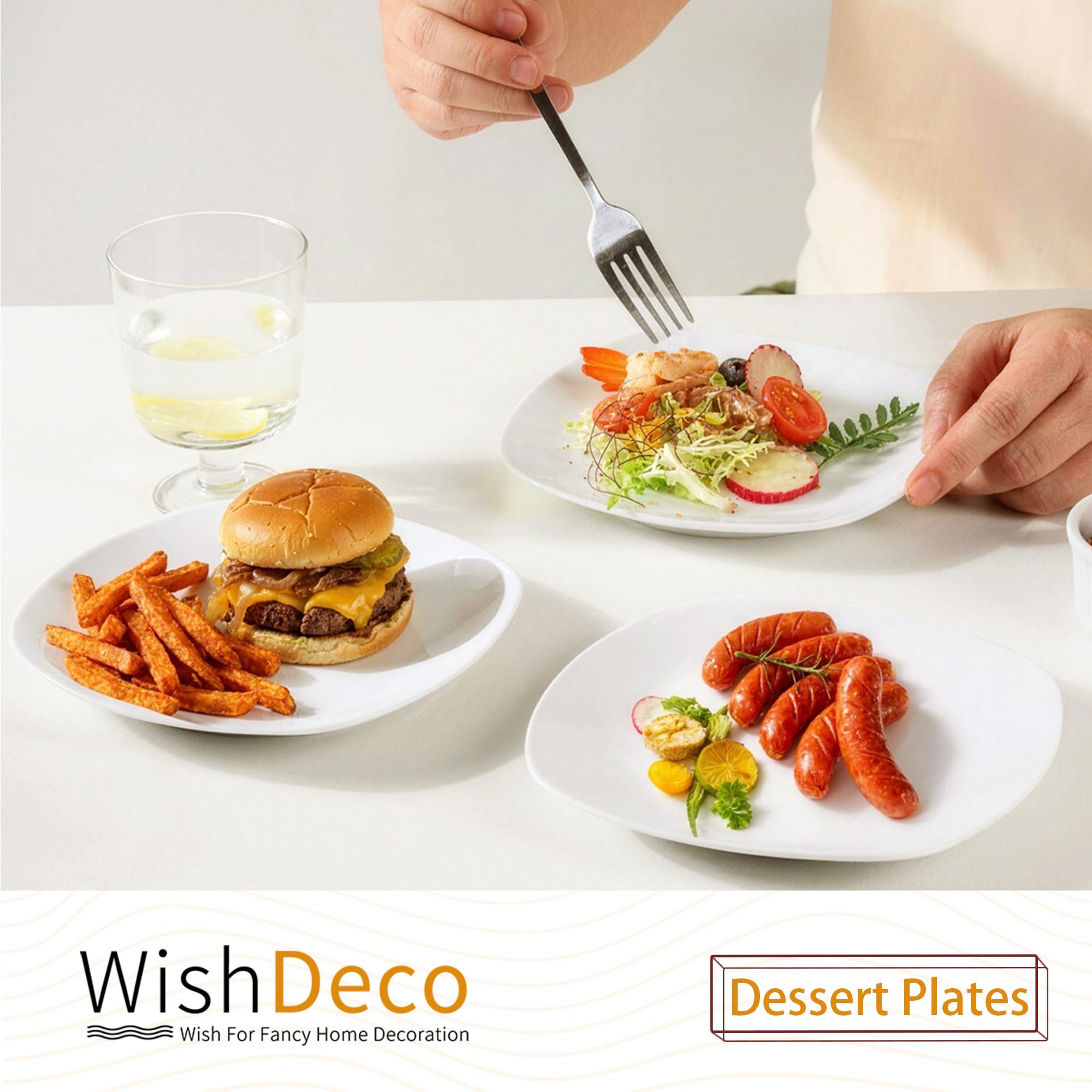 WishDeco Set di 6 piatti da insalata bianchi, piccoli piatti da dessert da 20 cm, piatti quadrati in ceramica per antipasti, piatti piani in porcellana per torte, waffle, pasta