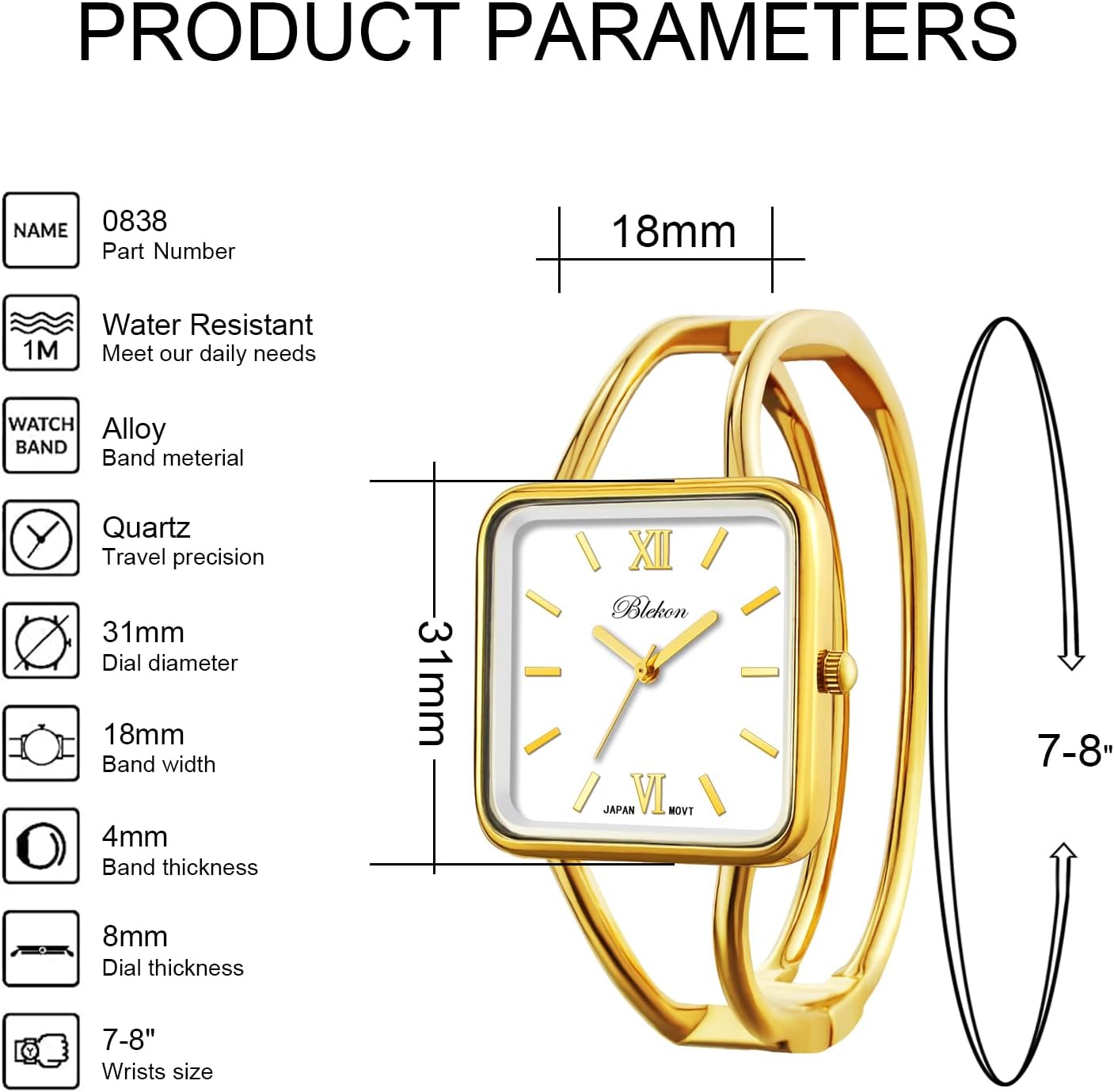 Blekon Collections Womens 30mm Square Elegant Metal Cuff Bangle Fashion Watch - Image 2