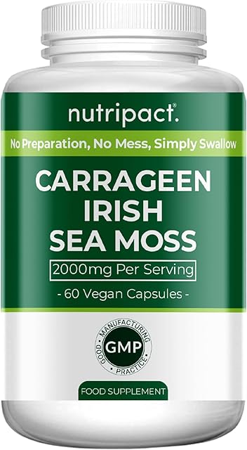 Irish Sea Moss Capsules - 2000mg per Capsule (not Tablets)  One a Day High Strength Formula - Wild Harvested - Natural Source of Iodine - Chondrus Crispus - 60 Vegan Capsules - Made by nutripact