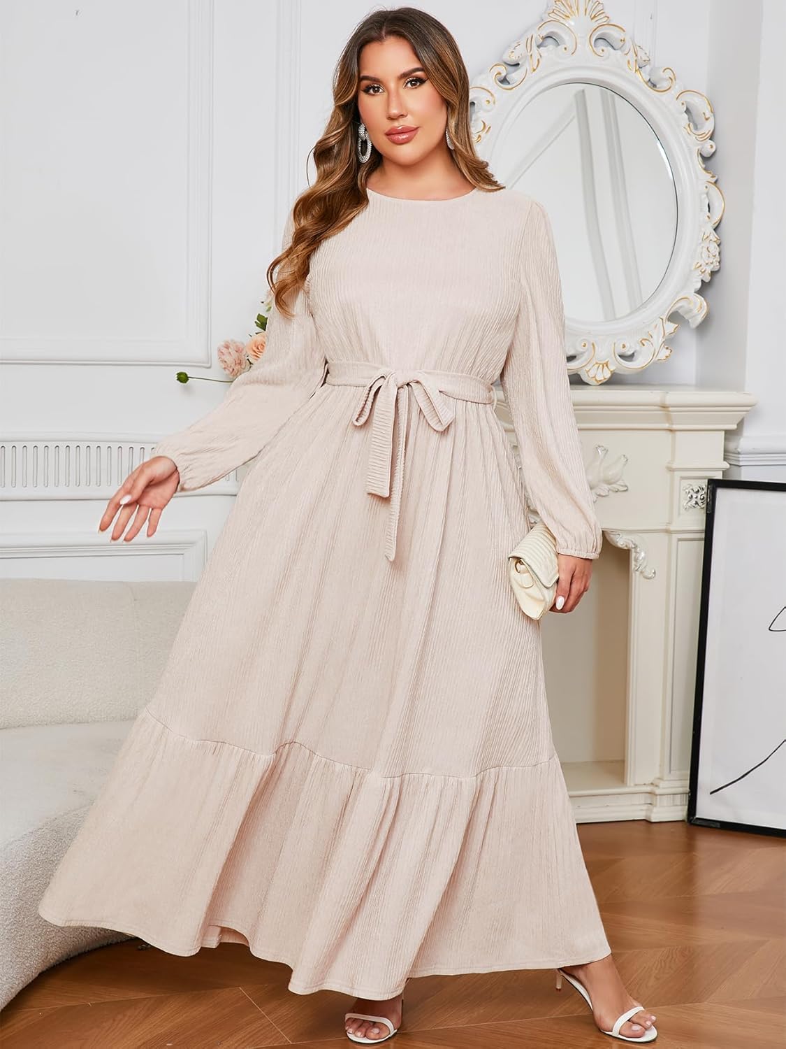 ZOMVA Plus Size Maxi Dress A Line Crew Neck Long Sleeve Elegant Casual Flowy Tiered Dresses with Pockets and Belt - Image 4