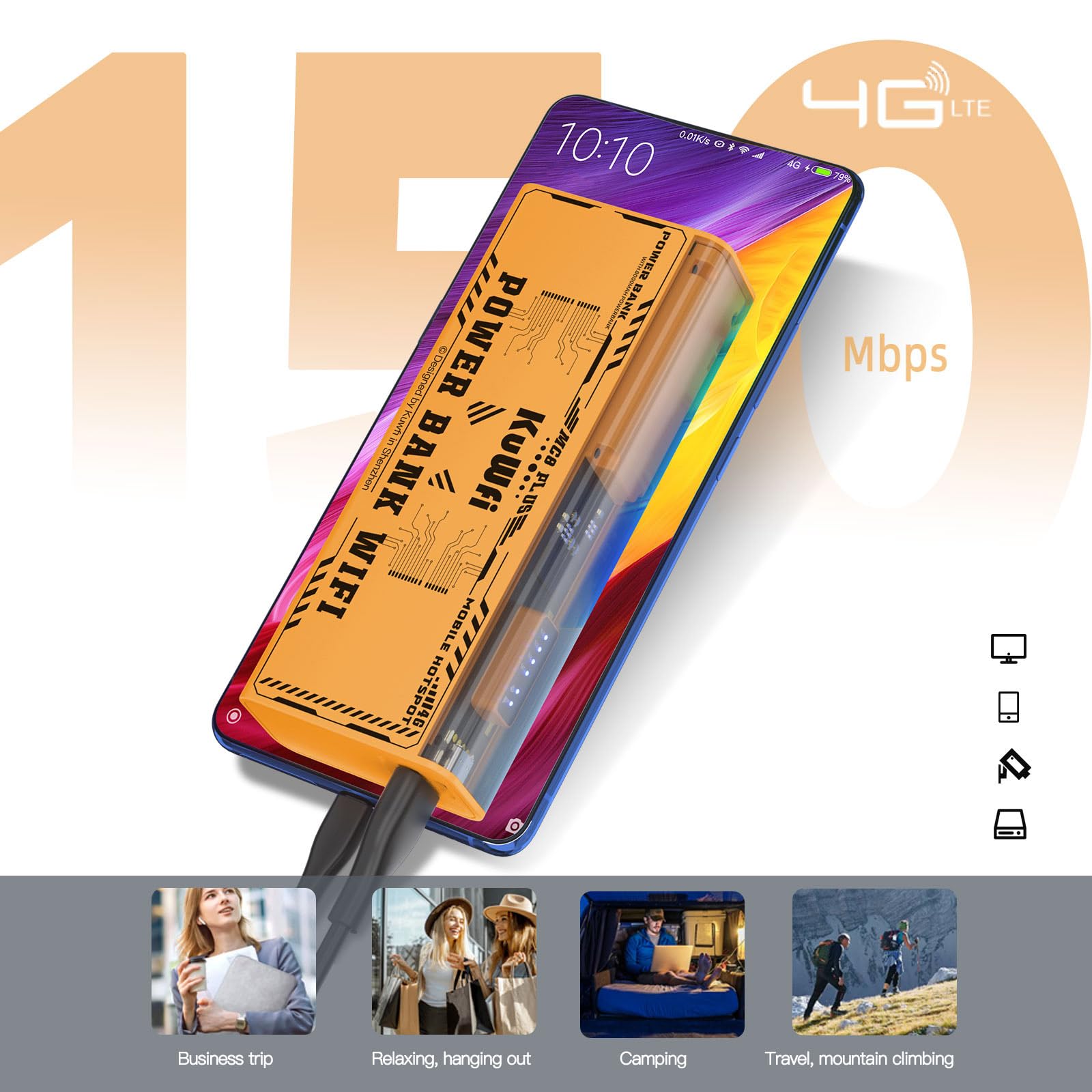 KuWFi WiFi portable de voyage, routeur de point d'accès mobile 150 Mbps, batterie 8000 mAh, dongle WiFi mobile, alimentation CC/USB, carte SIM nano débloquée, Plug & Play, pour caravane WiFi, maison,