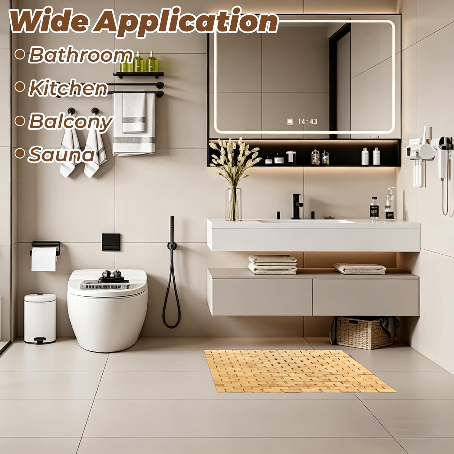 2PCS Bamboo Bath Mat, Non Slip Waterproof Bamboo Shower Mat, 24 x 16 Inch Foldable Wood Bath Mat for Bathroom Floor Spa Bathtub Sauna