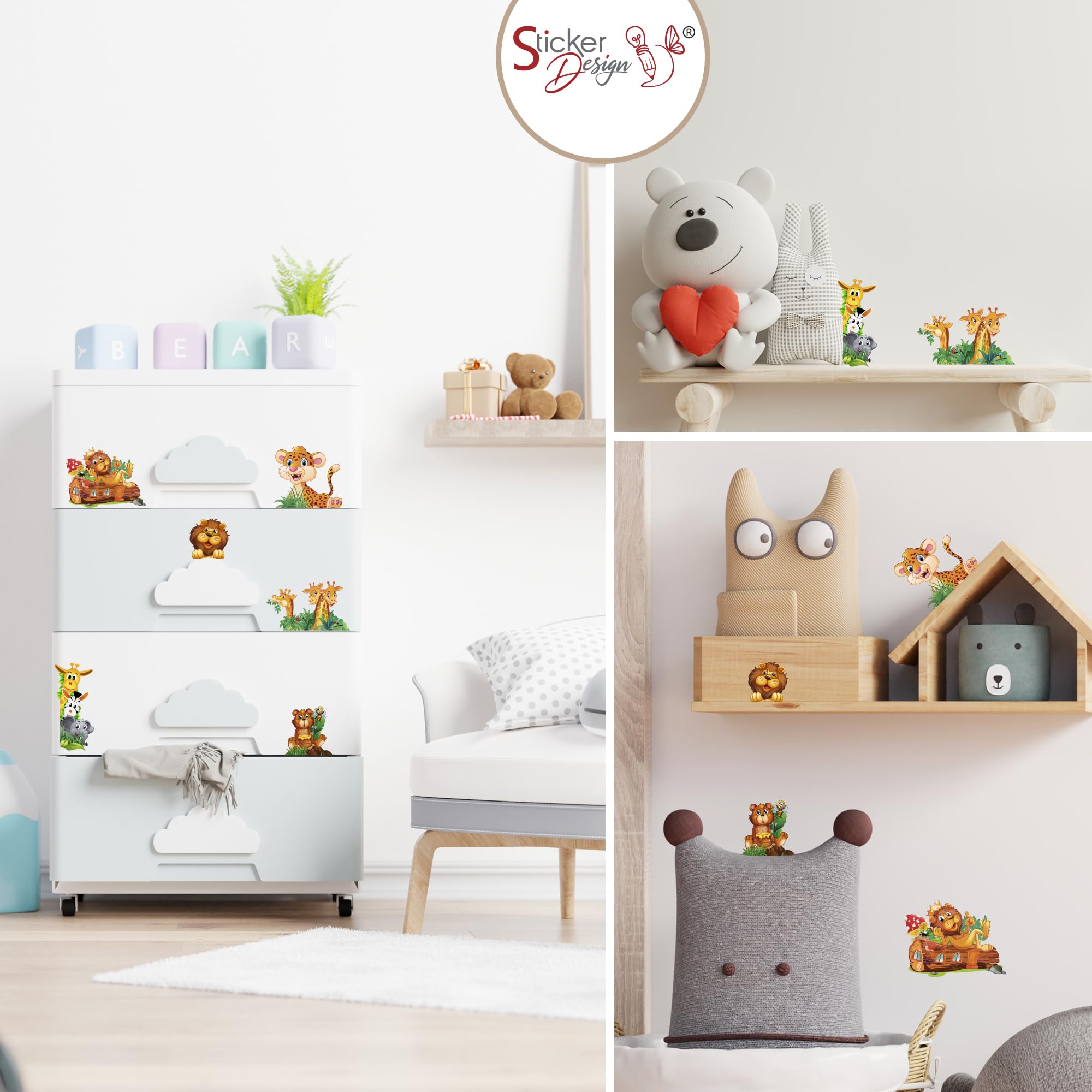 Adesivi Animaletti della savana Wall Stickers 6 pezzi Giraffe Leone Orsetto Elefantino Zebra decorativi Cameretta