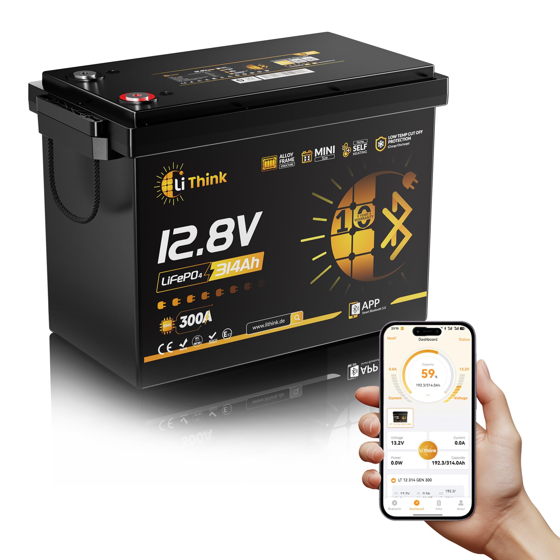 12V 314Ah Mini Pro LiFePO4 Lithium Battery with Bluetooth, ECE R10 zertifiziert mit eingebautem 300A BMS, Low Temperature Protection, 4019Wh Lithium Battery for Motorhomes