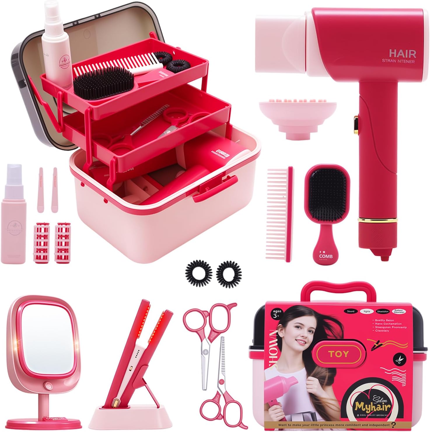 Hair Salon Toys for Girls 3-8,Pretend Hair Styling Set Barber Accessories Makeup Kit with Interactive Lights & Sounds,Educational Dress-Up Toy Vanities Birthday Gifts for Kids Ages 3,4,5,6,7,8