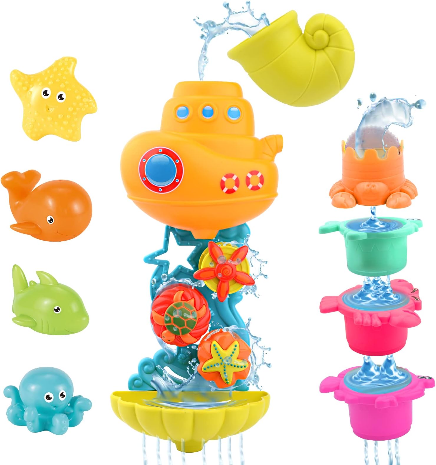 Bath Toys for Toddlers 1-3 Age 2-4, Kids Bath Toys Bathtub Toys Toddler Bath Toys Age 2-4 Age 1-2 3-4 4-5 Contains 4 Stacking Cups, 1 Conch Spoon, 4 Squeeze Dolls, Birthday Gift for Baby Girls Boys