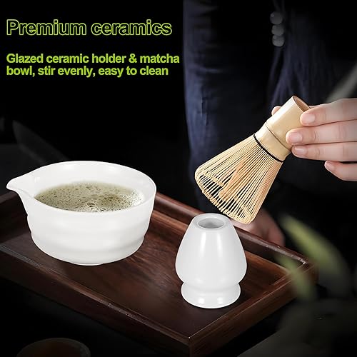 Miniatura 7 de Juego de batidor de matcha, incluye cuenco de cerámica con boquilla, batidor de matcha, soporte y tamiz, cuchara y cuchara de bambú tradicional, kit
