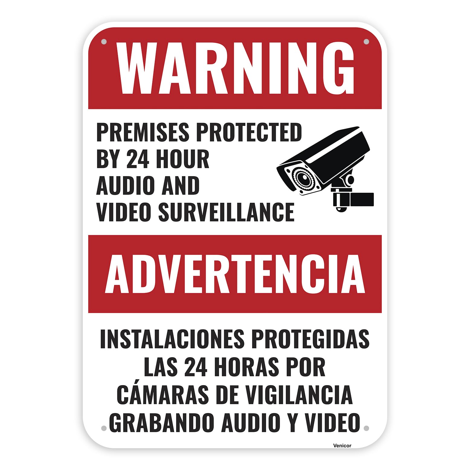 Bilingual Video & Audio Surveillance Sign, Aluminum Property Protection Plaque, 12x8 Inch