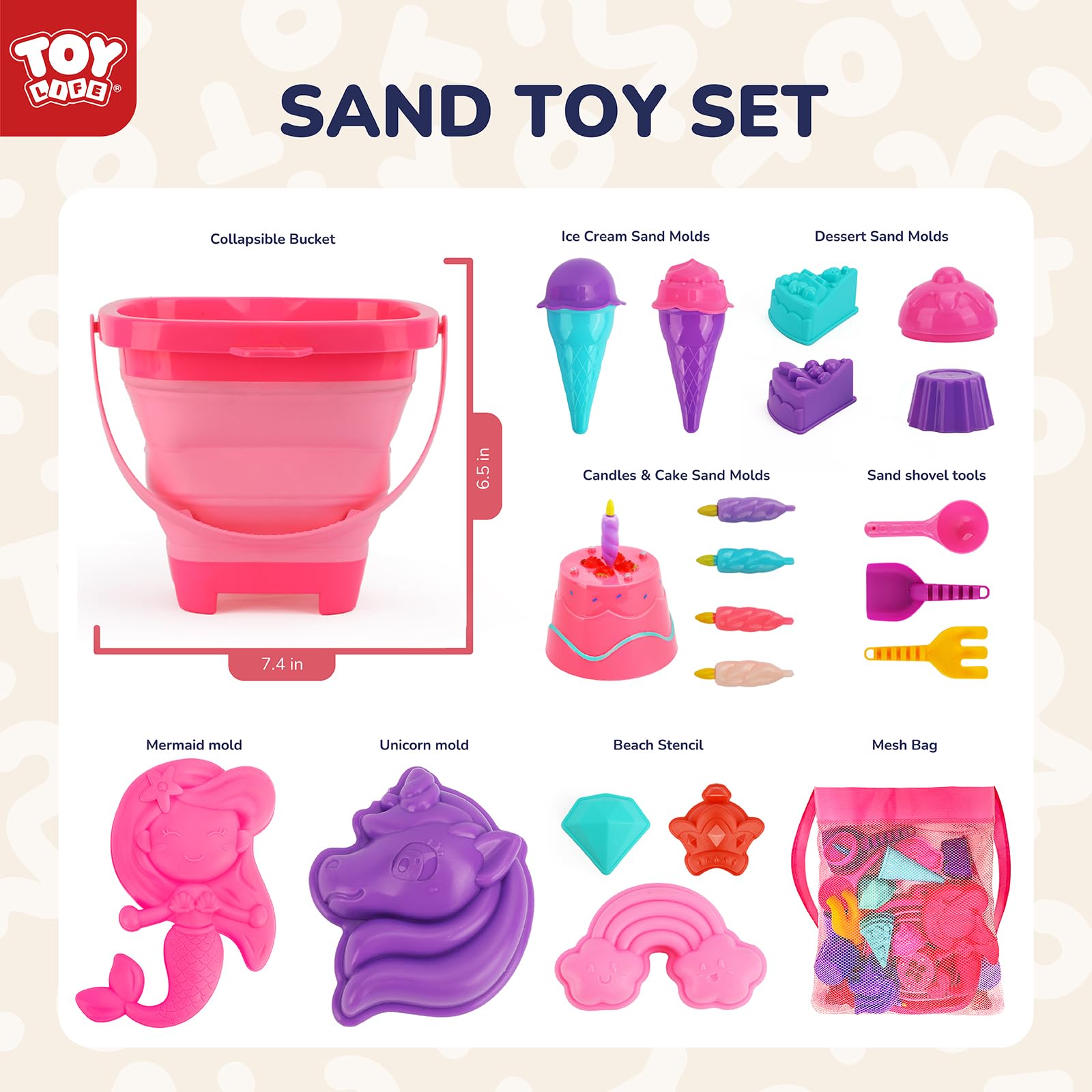 TOY Life - 23-teiliges Einhorn-Strandspielzeug-Set für Kinder von 4 bis 8 Jahren, faltbares Sandspielzeug mit Silikonwannenschaufeln und Sandburg Bausatz, Spielzeug