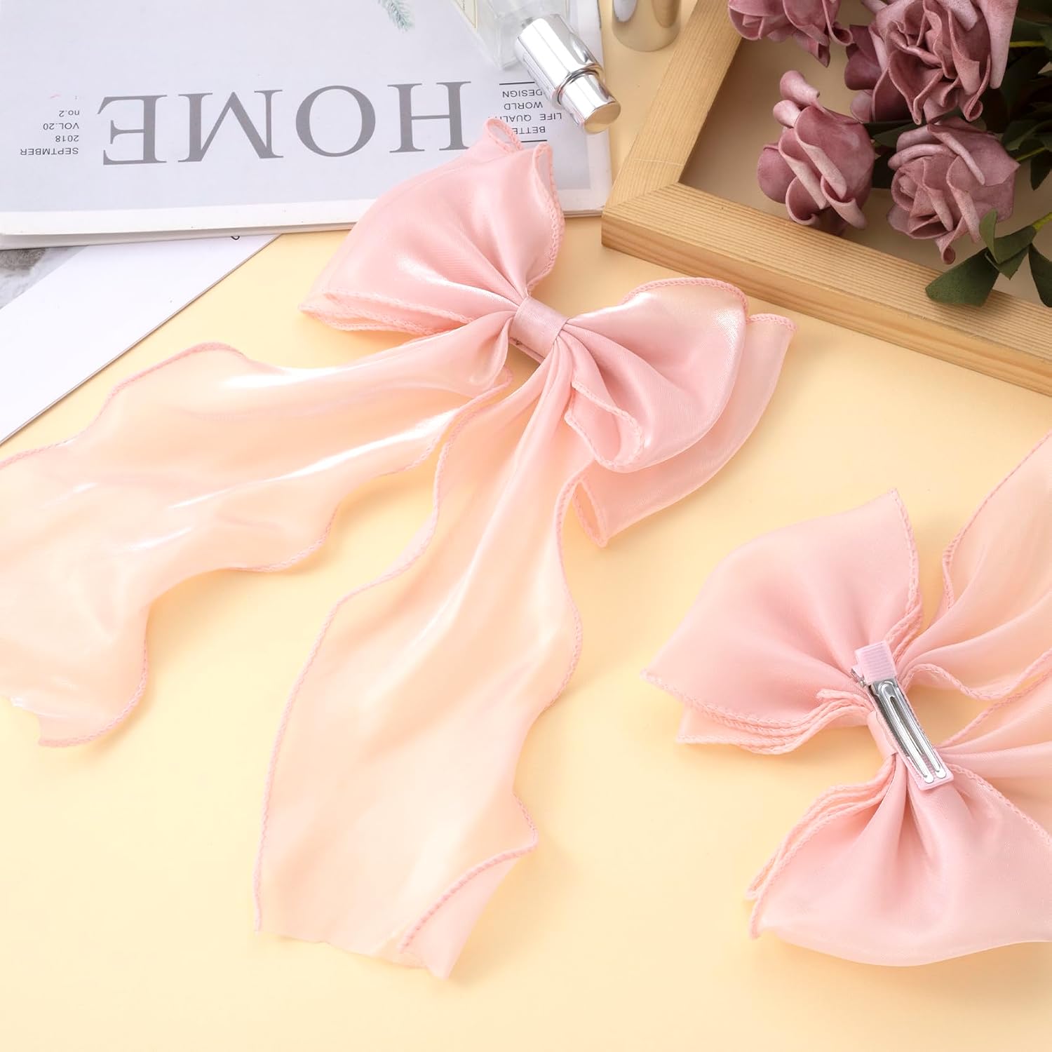 2pcs Hair Bows Clips for Women, Large Silk Yarn Bow Hair Barrette with with Long Tail, Non-Slip Bowknot Headpiece Accessories for Traveling Weddings Dating Cosplay Festival Birthday- Pink