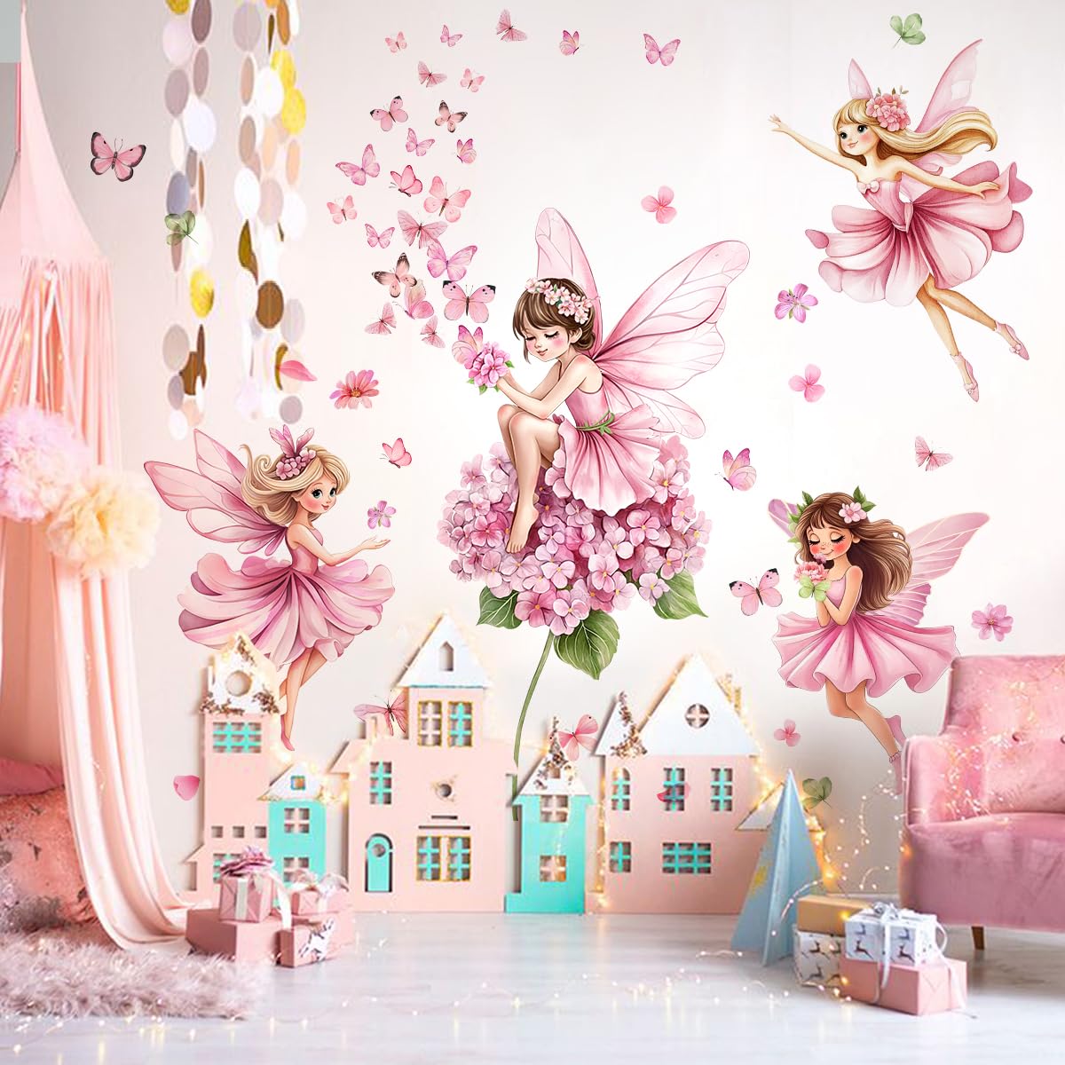 WandSticker4U®- Pegatinas pared decorativas infantiles HADAS y MARIPOSAS rosa (132x129 cm) I Vinilos hadas y mariposas pared niña princesa elfos flores I Decoración habitación niña bebe GRANDE