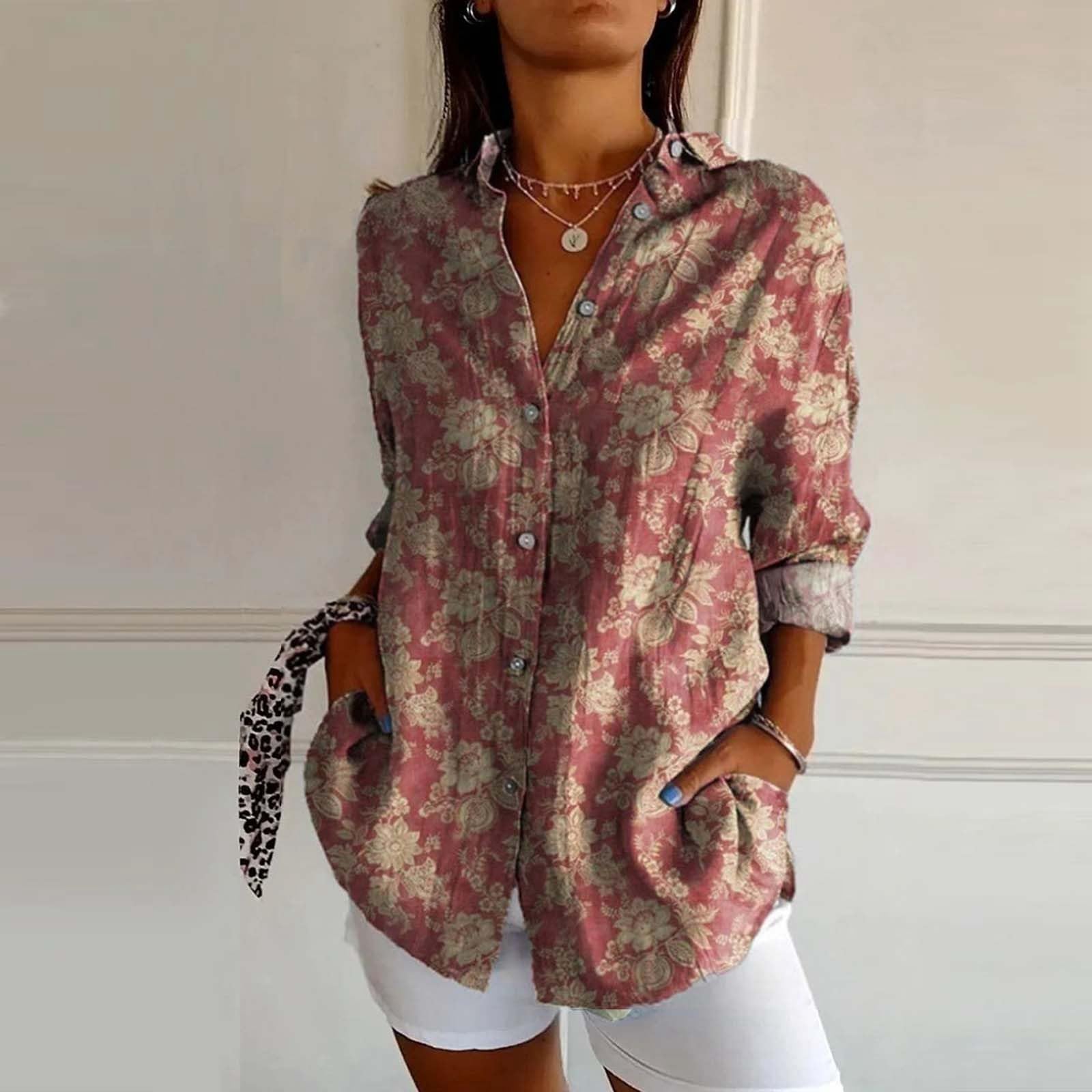 Camisas de gasa de verano de manga larga para mujer, de moda, ajuste holgado, con botones, con solapa, para playa, blusas de algodón, talla grande, cuello Vcation, ropa casual para mujer