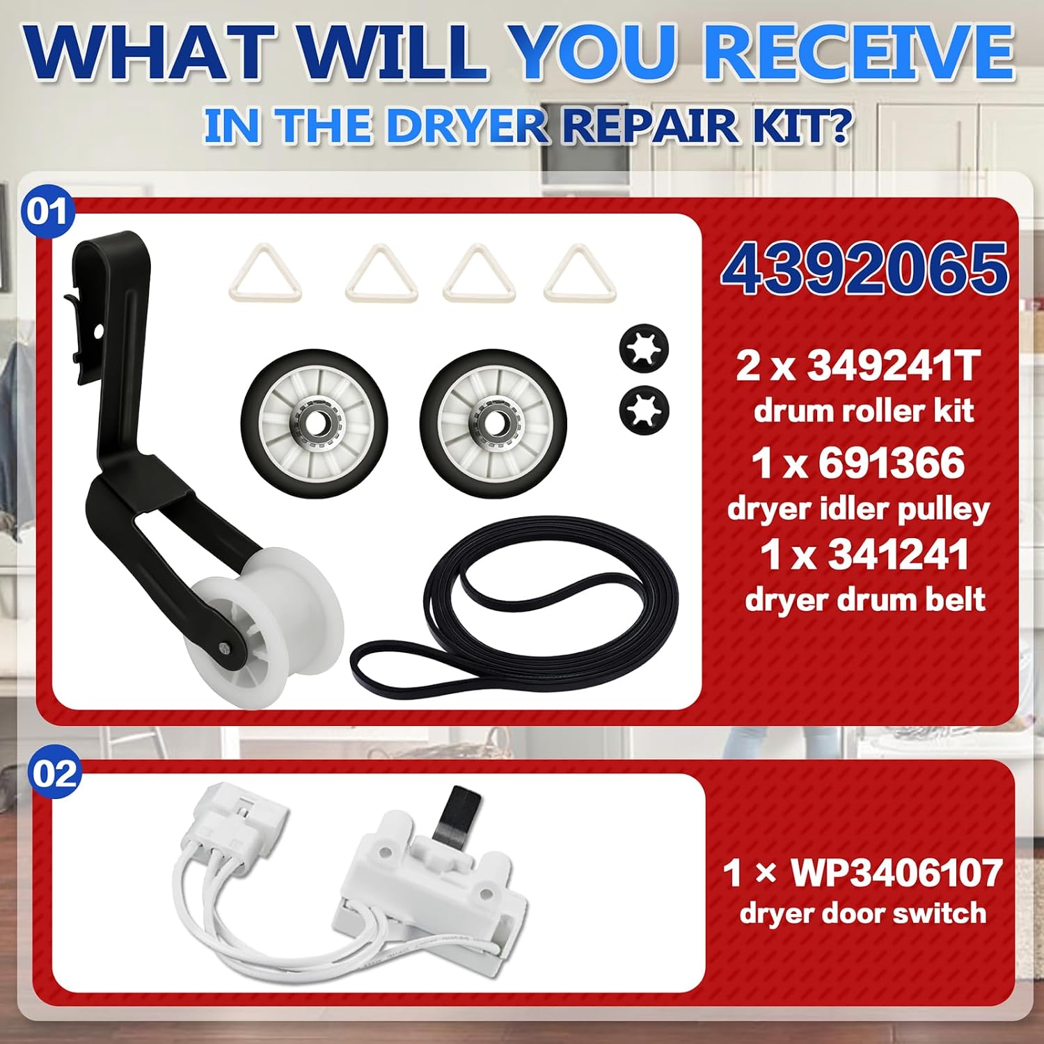 WED5000DW1 WED5050LW0 Dryer Drum Roller Belt & Door Switch Repair Kit Fit for Whirl-pool WED5050LW1 WED5010LW1 WED5000VQ0 WED5010LW0 WED5000DW2 WED5200VQ0 WED5100VQ1 WED5000VQ1 WED5300ST0 WED5100SQ0