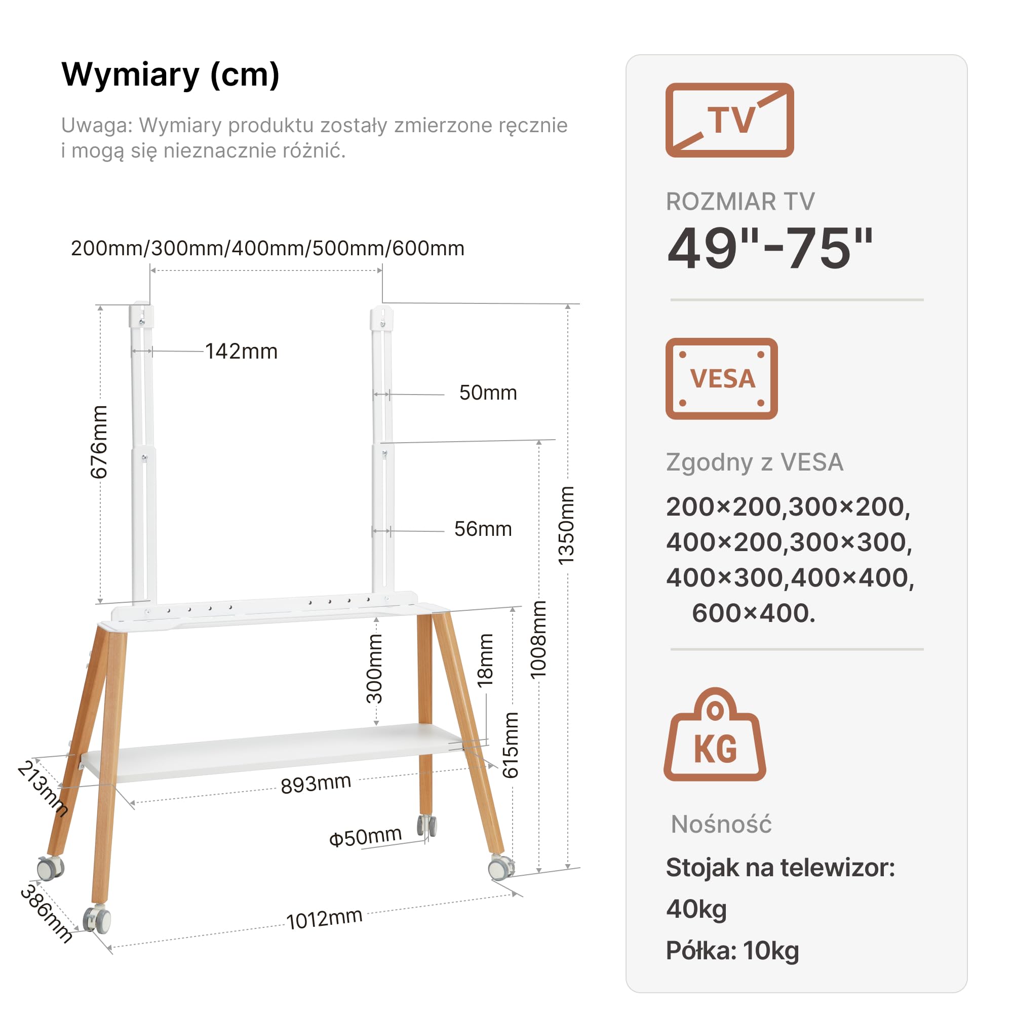 Easel Design z Stojak pod telewizor z kółkami, 49-75" do 40 kg | metalową strukturą i drewnianą półką, ruchomy stojak pod telewizor na kółkach do sklepu, biura, szkoły, domu, biały