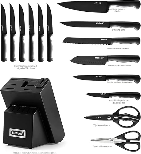 Miniatura 2 de McCook - Juego de cuchillos, juego de bloques de cuchillos de acero inoxidable alemán con afilador incorporado, negro Negro, negro,Dorado,