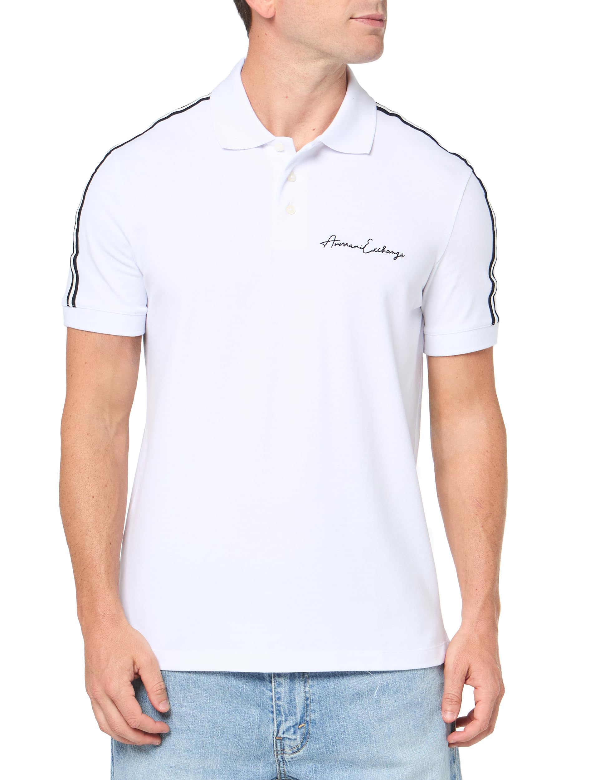 Armani Exchange Polo in Cotone Stretch con Logo Signature Regular Fit, Bianco, M Uomo, Bianco, M
