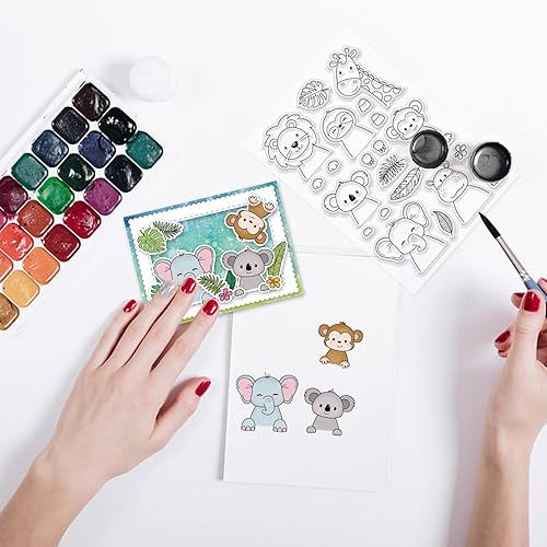 Miniatura 8 de INFUNLY Juego de sellos y troqueles transparentes de animales tropicales  Sello de silicona transparente con forma de animal de león, elefante,